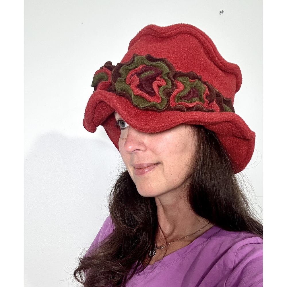 Vintage 90s Womens Hat Amber‎ Rose Floral Fleece Winter Fall Grunge Red Packable